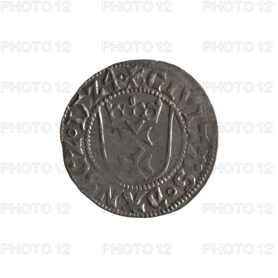 Gdansk szelag, Sigismund I the Old (King of Poland; 1506–1548). Obverse: Crowned shield with the Polish Eagle; in the rim between pearl-shaped borders an inscription: .SIGMVND.D.REX.POLO. Reverse: Shield with the coat of arms of Gdansk; in the rim between pearl-shaped borders an inscription: .CIVITAS.DANSCZ.15Z4. 1524. Polish coin; features eagles; Jagiellon dynasty; coats of arms; Gdansk.