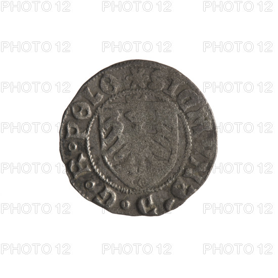Gdansk szelag, Sigismund I the Old (King of Poland; 1506–1548). Polish coin (1525). Obverse: Crowned shield with the Polish Eagle; in the rim between pearl-shaped borders an inscription: .SIGM, ND.DGRPOLO. Reverse: Shield with the coat of arms of Gdansk; in the rim between pearl-shaped borders an inscription: .CIVITAS. NSCZ.15Z5. Materials: coin metal. Location: Gdansk, Poland.