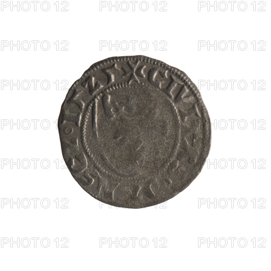 Gdansk szelag, Sigismund I the Old (King of Poland; 1506–1548). 1525. Polish coin. Obverse: Crowned shield with the Polish Eagle; in the rim between pearl-shaped borders an inscription: .SIGM, ND.DGRPOLO. Reverse: Shield with the coat of arms of Gdansk; in the rim between pearl-shaped borders an inscription: .CIVITAS. Materials/subject: eagles, coats of arms, Jagiellon dynasty heraldry. Place: Gdansk, Poland.