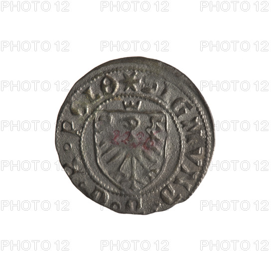 Gdansk szelag, Sigismund I the Old (King of Poland; 1506–1548). Polish coin (1525). Obverse: Crowned shield with the Polish Eagle; in the rim between pearl-shaped borders an inscription: .SIGMVND.DGRPOLO. Reverse: Shield with the coat of arms of Gdansk; in the rim between pearl-shaped borders an inscription: .CIVITAS.DANSCZ.15Z5. Features: eagle (coat of arms), coats of arms, Jagiellon dynasty. Location: Gdansk, Poland.