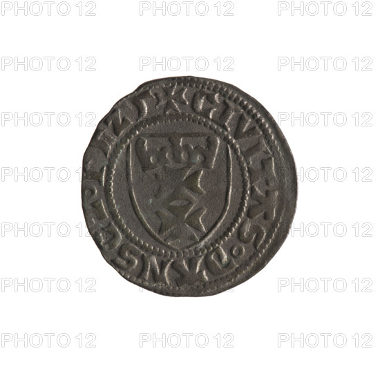 Gdansk szelag, Sigismund I the Old (King of Poland; 1506–1548). Polish coin, 1525. Obverse: Crowned shield with the Polish Eagle; in the rim between pearl-shaped borders an inscription: .SIGMVND.DGRPOLO. Reverse: Shield with the coat of arms of Gdansk; in the rim between pearl-shaped borders an inscription: .CIVITAS.DANSCZ.15Z5. Features: eagle (coat of arms), Jagiellon dynasty, coats of arms, Gdansk (coat of arms).