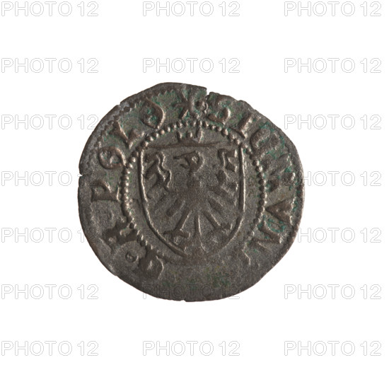 Gdansk szelag, Sigismund I the Old (King of Poland; 1506–1548). Polish coin (1525). Obverse: Crowned shield with the Polish Eagle; in the rim between pearly borders the inscription: .SIGMVN, GRPOLO. Reverse: Shield with the coat of arms of Gdansk; in the rim between the pearly borders an inscription: .CIVITAS.DAN. Materials/style: coin; motifs: eagle(s), Jagiellon dynasty, city coats of arms (Gdansk).