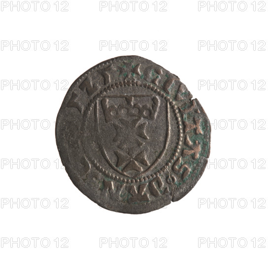 Gdansk szelag, Sigismund I the Old (King of Poland; 1506–1548). Obverse: Crowned shield with the Polish Eagle; in the rim between pearly borders the inscription: .SIGMVN, GRPOLO. Reverse: Shield with the coat of arms of Gdansk; in the rim between the pearl borders an inscription: .CIVITAS.DAN. 1525. Polish coin; eagle and city coats of arms; Jagiellon dynasty.