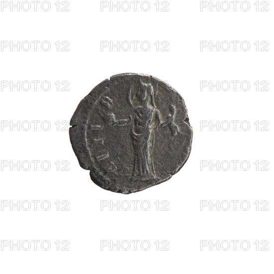 denarius, Faustina the Elder (98–141; Roman empress 138–141) (posthumous), Antoninus Pius (86–161; Roman emperor 138–161), issuer: Antoninus Pius (86–161; Roman emperor 138–161); iconography: personifications, Faustina the Elder (98–141; Roman empress 138–141) — Bust of Faustina I in drapery and veil facing right, inscription DIVA AVSTINA around; reverse: Providentia (personification) stands left, holds a globe in her outstretched right hand, supports it with her left blown veil, inscription AETERN– (fragmentary) around; after 141, Roman Empire (27 BC–476), Rome; coin (denarius): diameter 17.0–17.5 mm, weight 2.86 g, axis 180°.