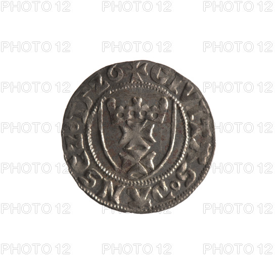 Gdansk szelag, Sigismund I the Old (King of Poland; 1506–1548). Obverse: Crowned shield with the Polish Eagle; in the rim between pearl-shaped borders an inscription: .SIGMVND.DGR. Reverse: Shield with the coat of arms of Gdansk; in the rim between pearl-shaped borders an inscription: .CIVITAS.DANSCZ.15Z6. 1526. Poland, Gdansk.