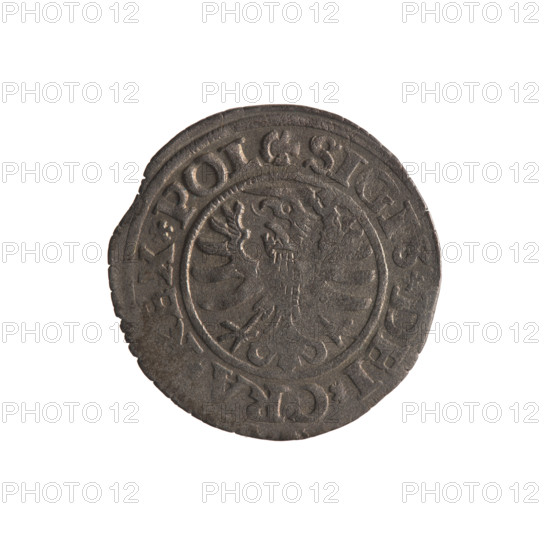 Gdansk szelag, Sigismund I the Old (King of Poland; reign 1506–1548). Obverse: Eagle of Royal Prussia, rim inscription between pearl-shaped borders: .SIGIS.DEI.GRA.REX.POL. Reverse: Coat of arms of Gdansk, rim inscription between pearl-shaped borders: .MONE.CIVI. Date: 1530. Poland, Gdansk. Subjects: Polish coin, eagle (coat of arms), Jagiellon dynasty, city coat of arms.