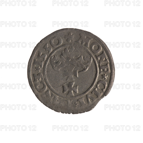 Gdansk szelag, Sigismund I the Old (King of Poland; 1506–1548). Polish coin (1530). Obverse: Eagle of Royal Prussia; rim between pearl-shaped borders with inscription '.SIGIS.DEI.GRA.REX.POL'. Reverse: Coat of arms of Gdansk; rim between pearl-shaped borders with inscription '.MONE.CIVI.' Subjects/themes: Eagle (coat of arms), Jagiellons (dynasty), coats of arms, Gdansk.