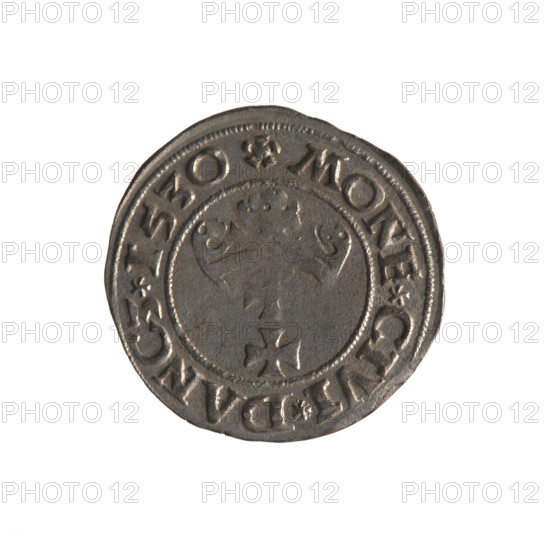 Gdansk szelag, Sigismund I the Old (King of Poland; 1506–1548). Silver coin (1530). Obverse: Eagle of Royal Prussia; in the rim between pearl-shaped borders the inscription: .SIGIS.DEI.GRA.REX.POL. Reverse: Coat of arms of Gdansk; in the rim between pearl-shaped borders the inscription: .MONE.CIVI.DANCZ.1530. Subjects: Polish coins, eagle (coat of arms), Jagiellon dynasty, coats of arms; place: Gdansk, Poland.