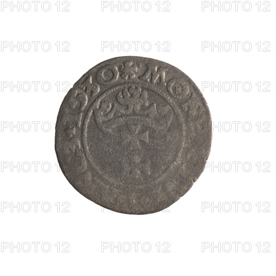 Gdansk szelag, Sigismund I the Old (King of Poland; 1506–1548); 1530; Polish coin. Obverse: Eagle of Royal Prussia; rim inscription between pearl-shaped borders: GIS.DEI.GRA.REX.POL. Reverse: Coat of arms of Gdansk; rim inscription between pearl-shaped borders: .MONE., CZ.1530. Subjects: eagle (coat of arms), Jagiellon dynasty, coats of arms, Gdansk. Materials/function: coin; place: Poland, Gdansk.