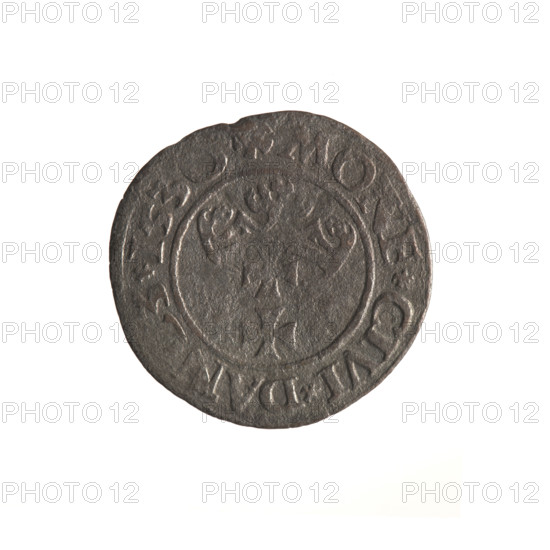 Gdansk szelag, Sigismund I the Old (King of Poland; 1506–1548). Obverse: Eagle of Royal Prussia; in the rim between pearl-shaped borders the inscription '.SIGIS.DEI.GRA.REX.POL'. Reverse: Coat of arms of Gdansk; in the rim between pearl-shaped borders the inscription '.MONE.CIVI.DANCZ.153'. 1530, Poland, Gdansk. Subjects: Polish coins, eagle (coat of arms), eagles, Jagiellons (dynasty), coats of arms of cities.