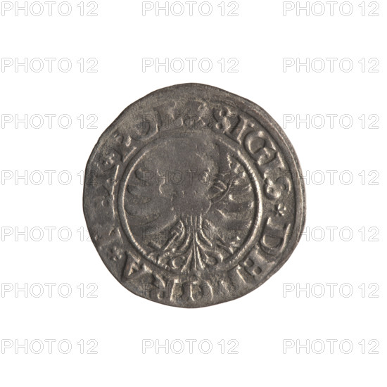 Gdansk szelag, Sigismund I the Old (King of Poland; 1506–1548). Polish coin (1530). Obverse: Eagle of Royal Prussia; in the rim between pearl-shaped borders the inscription '.SIGIS.DEI.GRA., XP'. Reverse: Coat of arms of Gdansk; in the rim between pearl-shaped borders the inscription 'MO, E.CIVI.DANCZ.15'. Materials: coin; motifs: eagle, coats of arms, Jagiellon dynasty. Location: Gdansk, Poland.