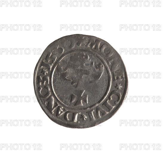 Gdansk szelag, Sigismund I the Old (King of Poland; 1506–1548). Polish coin (1530). Obverse: Eagle of Royal Prussia; in the rim between pearl-shaped borders the inscription '.SIGIS.DEI.GRA., XP'. Reverse: Coat of arms of Gdansk; in the rim between pearl-shaped borders the inscription 'MO, E.CIVI.DANCZ.15'. Features: eagle (coat of arms), Jagiellon dynasty, coats of arms of cities. Location: Gdansk, Poland.