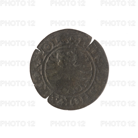 Gdansk szelag, Sigismund I the Old (King of Poland; reign 1506–1548). Silver coin (szelag), 1530. Obverse: Eagle of Royal Prussia; rim inscription between pearl-shaped borders: .SIGIS.DEI.GRA.REX.POL. Reverse: Coat of arms of Gdansk; rim inscription between pearl-shaped borders: .MONE.CIVI.DA. Gdansk, Poland. Themes: Polish coins, eagle (coat of arms), Jagiellon dynasty, city coats of arms.
