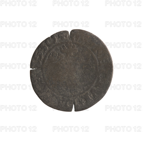 Gdansk szelag, Sigismund I the Old (King of Poland; 1506–1548). Obverse: Eagle of Royal Prussia; in the rim between pearl-shaped borders the inscription .SIGIS.DEI.GRA.REX.POL. Reverse: Coat of arms of Gdansk; in the rim between pearl-shaped borders the inscription .MONE.CIVI.DA. Copper coin, 1530, Gdansk, Poland.