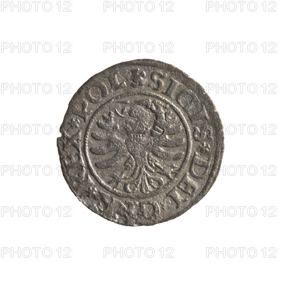 Gdansk szelag, Sigismund I the Old (King of Poland; 1506–1548). Silver coin (1530). Obverse: Eagle of Royal Prussia; rim inscription between pearls: .SIGIS.DEI.G, A.REX.POL. Reverse: Coat of arms of Gdansk; rim inscription between pearls: .MONE.CIVI.DANCZ.1530. Gdansk, Poland. Subjects: Polish coins; Eagle (coat of arms); Jagiellons (dynasty); city coats of arms.