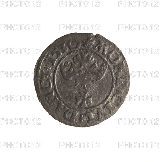 Gdansk szelag, Sigismund I the Old (King of Poland; 1506–1548). Polish coin (1530). Obverse: Eagle of Royal Prussia; rim inscription between pearls: .SIGIS.DEI.G, A.REX.POL. Reverse: Coat of arms of Gdansk; rim inscription between pearls: .MONE.CIVI.DANCZ.1530. Gdansk, Poland.