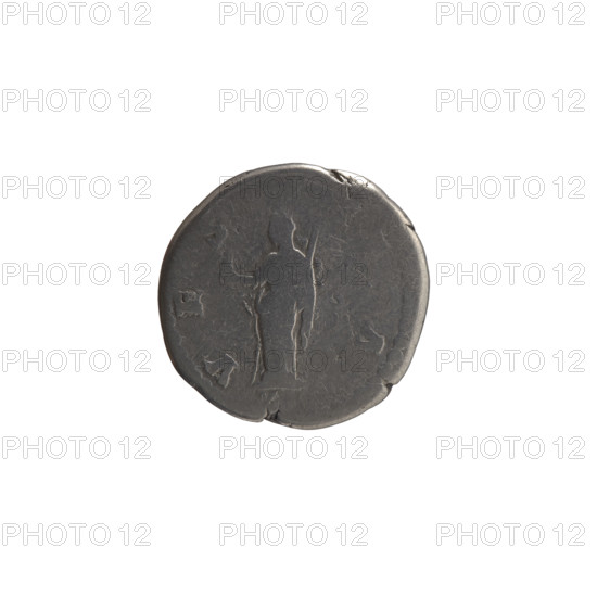 Denarius, posthumous issue for Faustina the Elder (98–141; Roman empress 138–141), during reign of Antoninus Pius (86–161; Roman emperor 138–161). Obverse: bust of Faustina I in drapery facing right, inscription D IVA - FAVSTINA around. Reverse: Vesta standing left, holding in her outstretched right hand a statuette of Athena (palladium) and a scepter in her left; legend V ES - A all around. Roman deities; palladium attribute; iconography of Faustina the Elder. After 141 CE, Roman Empire (27 BC–476), Rome. Coin (denarius): diameter 17.5–18.0 mm, weight 2.95 g, axis 180°.