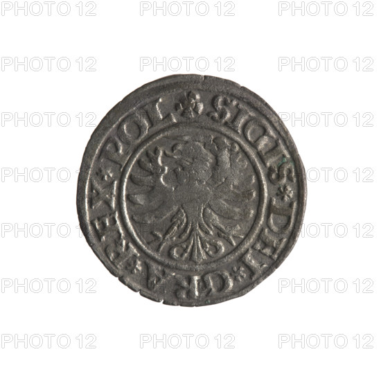 Gdansk szelag, Sigismund I the Old (King of Poland; 1506–1548); Polish coin (1530). Obverse: Eagle of Royal Prussia; in the rim between pearl-shaped borders the inscription: .SIGIS.DEI.GRA.REX.POL. Reverse: Coat of arms of Gdansk; in the rim between pearl-shaped borders the inscription: .MONE.CIVI.DANCZ.1530. Materials: coin; motifs: eagle, Jagiellon dynasty, city coats of arms; place: Gdansk, Poland.