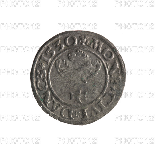 Gdansk szelag, Sigismund I the Old (King of Poland; 1506–1548); Polish coin (1530). Obverse: Eagle of Royal Prussia; rim inscription between pearl-shaped borders: .SIGIS.DEI.GRA.REX.POL. Reverse: Coat of arms of Gdansk; rim inscription between pearl-shaped borders: .MONE.CIVI.DANCZ.1530. Features: eagle (coat of arms), Jagiellon dynasty, city coats of arms. Made in Gdansk, Poland.