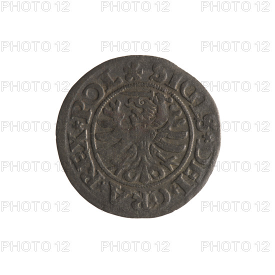 Gdansk szelag, Sigismund I the Old (King of Poland; 1506–1548). Silver coin (1530). Obverse: Eagle of Royal Prussia; in the rim between pearl-shaped borders the inscription '.SIGIS.DEI.GRA.REX.POL'. Reverse: Coat of arms of Gdansk; in the rim between pearl-shaped borders the inscription '.MONE.CIVI.DANCZ.1530'. Gdansk, Poland.