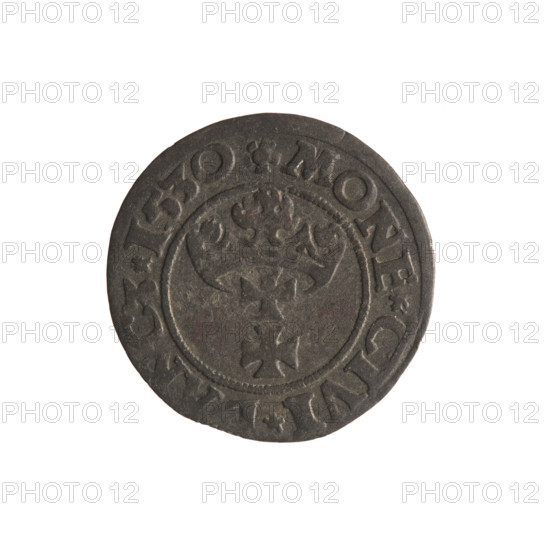 Gdansk szelag, Sigismund I the Old (King of Poland; 1506–1548). Obverse: Eagle of Royal Prussia; rim inscription between pearl-shaped borders: .SIGIS.DEI.GRA.REX.POL. Reverse: Coat of arms of Gdansk; rim inscription between pearl-shaped borders: .MONE.CIVI.DANCZ.1530. 1530. Polish coin; motifs: eagle, Jagiellon dynasty, coats of arms.