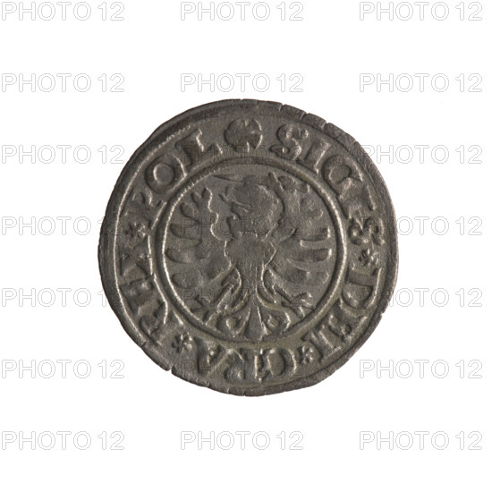 Gdansk szelag, Sigismund I the Old (King of Poland; 1506–1548). Polish coin, 1530. Obverse: Eagle of Royal Prussia; in the rim between pearl-shaped borders an inscription: SIGIS.DEI.GRA.REX.POL. Reverse: Coat of arms of Gdansk; in the rim between pearl-shaped borders inscription: .MO.E.CIVI.DANCZ.1530. Depicts eagles, Jagiellon dynasty heraldry, coats of arms, Gdansk (coat of arms).
