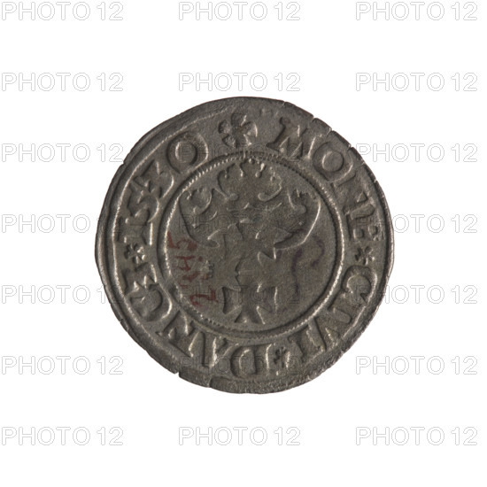 Gdansk szelag, Sigismund I the Old (King of Poland; 1506–1548). Polish coin, 1530. Obverse: Eagle of Royal Prussia; in the rim between pearl-shaped borders an inscription: SIGIS.DEI.GRA.REX.POL. Reverse: Coat of arms of Gdansk; in the rim between pearl-shaped borders inscription: .MO, E.CIVI.DANCZ.1530. Shows eagles, Jagiellon-era motifs, and coats of arms; Gdansk (coat of arms); made in Gdansk, Poland.