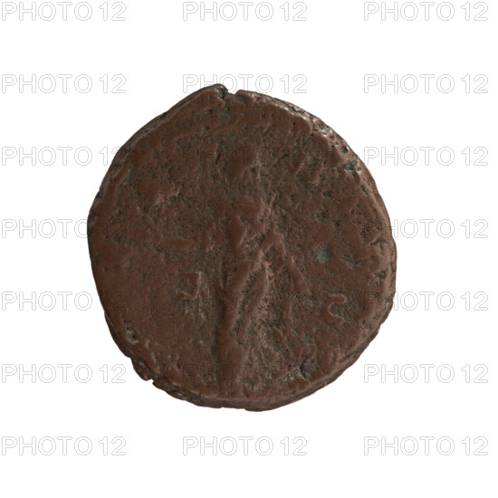 Dupondius, Faustina the Elder (98–141; Roman empress 138–141) (posthumous issue) of Antoninus Pius (86–161; Roman emperor 138–161) (issuer). Obverse: Bust of Faustina I in drapery facing right, legend FAVSTINA all around. Reverse: Aeternitas standing left, right hand outstretched holding a globe with a phoenix?, left hand lowered lifting hem of robe?, legend R•?•NI in exergue, SC in fields. After 141, Roman Empire (27 BC–476), Rome. Coin: copper; diameter 24.0–26.0 mm; weight 9.72 g; axis 0°.