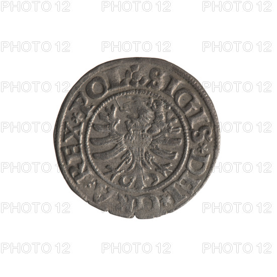 Gdansk szelag, Sigismund I the Old (King of Poland; 1506–1548). Polish coin (1531). Obverse: Eagle of Royal Prussia; rim inscription between pearl-shaped borders: .SIGIS.DEI.GRA.REX.POL. Reverse: Coat of arms of Gdansk; rim inscription between pearl-shaped borders: .MONE.CIVI.DANCZ.1531. Gdansk, Poland.