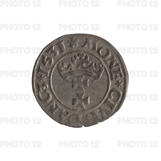 Gdansk szelag, Sigismund I the Old (King of Poland; 1506–1548). Polish coin (1531). Obverse: Eagle of Royal Prussia; in rim between pearl-shaped borders the inscription: .SIGIS.DEI.GRA.REX.POL. Reverse: Coat of arms of Gdansk; in rim between pearl-shaped borders the inscription: .MONE.CIVI.DANCZ.1531. Materials: coin; motifs: eagle, coats of arms; dynasty: Jagiellons. Location: Gdansk, Poland.