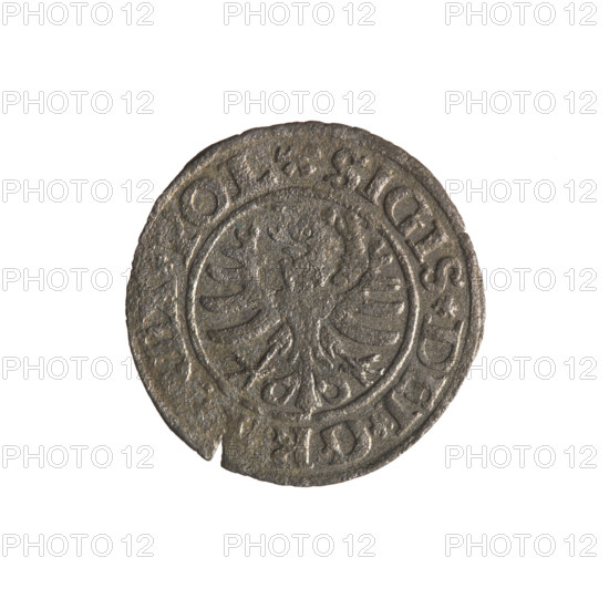 Gdansk szelag, Sigismund I the Old (King of Poland; 1506–1548). Polish silver coin (szelag), 1530. Obverse: Eagle of Royal Prussia; rim inscription between pearls: .SIGIS.DEI.GR.E.POL. Reverse: Coat of arms of Gdansk; rim inscription between pearls: .MONE.CIVI.DANCZ.1530. Gdansk, Poland.