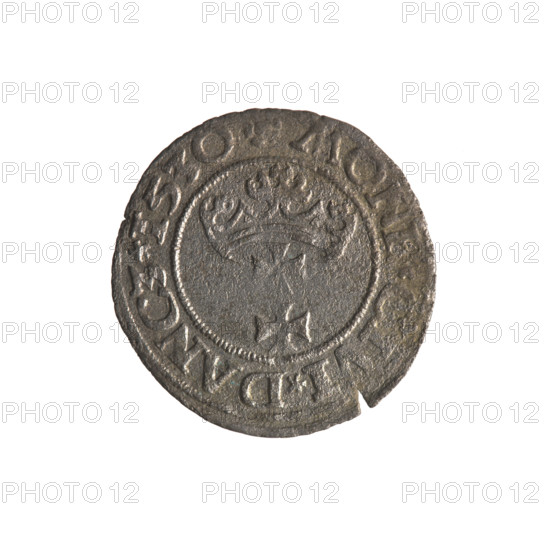 Gdansk szelag, Sigismund I the Old (King of Poland; 1506–1548). Polish coin (1530). Obverse: Eagle of Royal Prussia; rim inscription between pearls: .SIGIS.DEI.GR.E.POL. Reverse: Coat of arms of Gdansk; rim inscription between pearls: .MONE.CIVI.DANCZ.1530. Materials: coin; motifs: eagles, Jagiellon dynasty, city coats of arms; place: Gdansk, Poland.