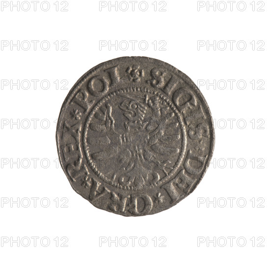 Gdansk szelag, Sigismund I the Old (King of Poland; 1506–1548). Obverse: Eagle of Royal Prussia; rim inscription between pearl-shaped borders: .SIGIS.DEI.GRA.REX.POL. Reverse: Coat of arms of Gdansk; rim inscription between pearl-shaped borders: .MONE.CIVI.DANCZ.1531. 1531. Gdansk, Poland. Polish coin; features eagles, Jagiellon dynasty, city coats of arms.