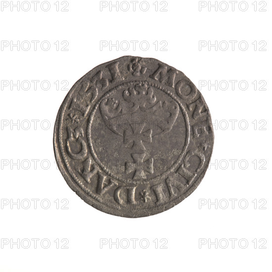 Gdansk szelag, Sigismund I the Old (King of Poland; 1506–1548). Polish coin (1531). Obverse: Eagle of Royal Prussia; in rim between pearl-shaped borders the inscription: .SIGIS.DEI.GRA.REX.POL. Reverse: Coat of arms of Gdansk; in rim between pearl-shaped borders the inscription: .MONE.CIVI.DANCZ.1531. Gdansk, Poland.