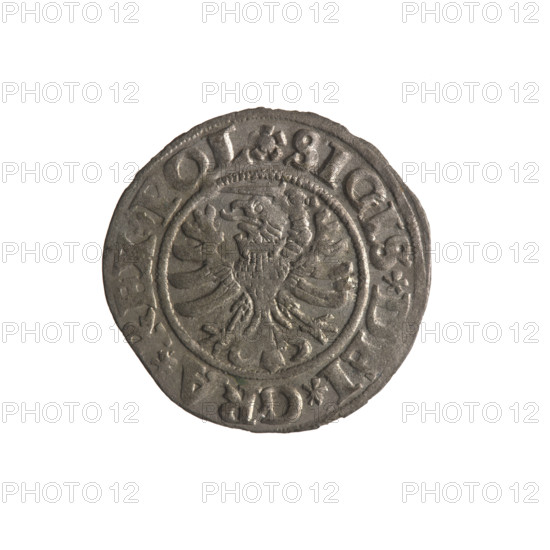 Gdansk szelag, Sigismund I the Old (King of Poland; 1506–1548). Obverse: Eagle of Royal Prussia; in the rim between pearl-shaped borders an inscription: .SIGIS.DEI.GRA.REX.POL. Reverse: Coat of arms of Gdansk; in the rim between pearl-shaped borders an inscription: .MONE.CIVI.DANCZ.1531. 1531. Gdansk, Poland. Coin. Subjects: Polish coins; Eagle (coat of arms); eagles; Jagiellons (dynasty); coats of arms of cities; coats of arms; Gdansk (coat of arms).
