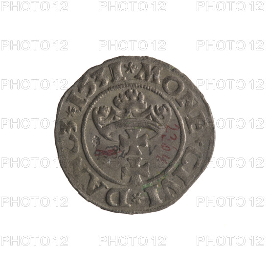Gdansk szelag, Sigismund I the Old (King of Poland; 1506–1548), Polish coin, eagle (coat of arms), eagles, Jagiellons (dynasty), coats of arms of cities, coats of arms, Gdansk (coat of arms). Obv.: Eagle of Royal Prussia, in the rim between pearl-shaped borders an inscription: .SIGIS.DEI.GRA.REX.POL. Rev.: Coat of arms of Gdansk, in the rim between pearl-shaped borders an inscription: .MONE.CIVI.DANCZ.1531. 1531, Gdansk, Poland, coin.