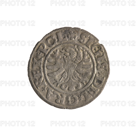 Gdansk szelag, Sigismund I the Old (King of Poland; reign 1506–1548). Polish coin (1531), struck in Gdansk. Obverse: Eagle of Royal Prussia; rim inscription between pearl-shaped borders: .SIGIS.DEI.GRA.REX.POL. Reverse: Coat of arms of Gdansk; rim inscription between pearl-shaped borders: .MONE.CIVI.DANCZ.1531. Features: eagle motifs, city and dynastic coats of arms (Jagiellon era). Materials: coin metal.