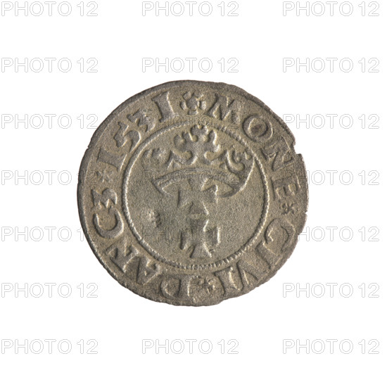 Gdansk szelag, Sigismund I the Old (King of Poland; 1506–1548). Polish coin (1531), Gdansk. Obverse: Eagle of Royal Prussia; rim inscription: .SIGIS.DEI.GRA.REX.POL. Reverse: Coat of arms of Gdansk; rim inscription: .MONE.CIVI.DANCZ.1531. Features: eagles, Jagiellons dynasty, city coats of arms.