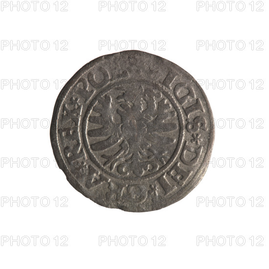 Gdansk szelag, Sigismund I the Old (King of Poland; 1506–1548). Silver coin (szelag), 1531. Obverse: Eagle of Royal Prussia; rim inscription between pearl-shaped borders: IGIS.DEI.GRA.REX.PO. Reverse: Coat of arms of Gdansk; rim inscription between pearl-shaped borders: .MONE., .DANCZ.1531. Depicts eagle motifs and heraldry of the Jagiellon dynasty; coats of arms of cities. Foundry/struck in Gdansk, Poland.