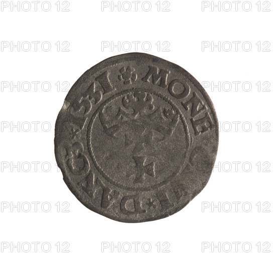 Gdansk szelag, Sigismund I the Old (King of Poland; 1506–1548). Silver coin (1531). Obverse: Eagle of Royal Prussia; rim inscription between pearl-shaped borders: IGIS.DEI.GRA.REX.PO. Reverse: Coat of arms of Gdansk; rim inscription between pearl-shaped borders: .MONE., .DANCZ.1531. Subject: Polish coin featuring eagle and city coat of arms; Jagiellon dynasty; coats of arms of cities. Gdansk, Poland.