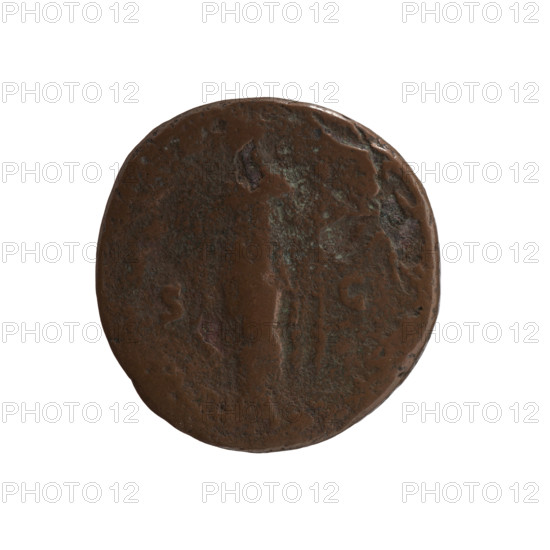 Dupondius, Faustina the Elder (98–141; Roman empress 138–141) (posthumous), issuer Antoninus Pius (86–161; Roman emperor 138–161). Obverse: Bust of Faustina I in drapery facing right, legend DIVA · FAVS. Reverse: Female personification standing left, right hand outstretched holding a globe with a phoenix or palladion, left hand holding a long scepter or torch; circumferential legend illegible, field mark SC. After 141 CE. Roman Empire (27 BCE–476 CE), Rome. Coin. Diameter 25.0 mm; weight 7.70 g; axis 0°.