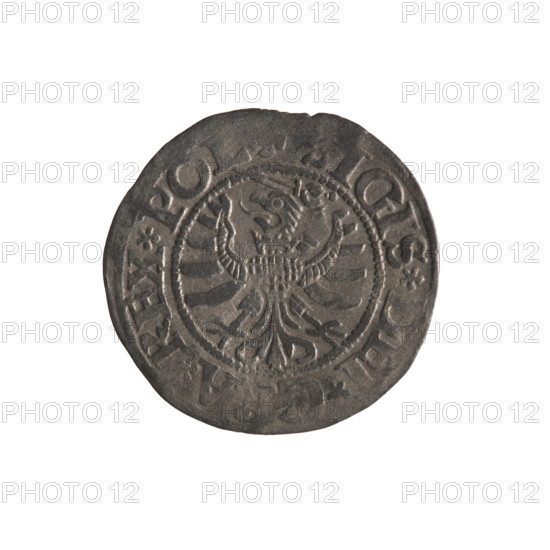 Gdansk szelag, Sigismund I the Old (King of Poland; 1506–1548). Obverse: Eagle of Royal Prussia; in the rim between pearl-shaped borders the inscription IGIS. A.REX.POL. Reverse: Coat of arms of Gdansk; in the rim between pearl-shaped borders the inscription E.CIVI.DANCZ.1531. 1531. Silver coin; features eagles, Jagiellon dynasty coats of arms; Gdansk, Poland.