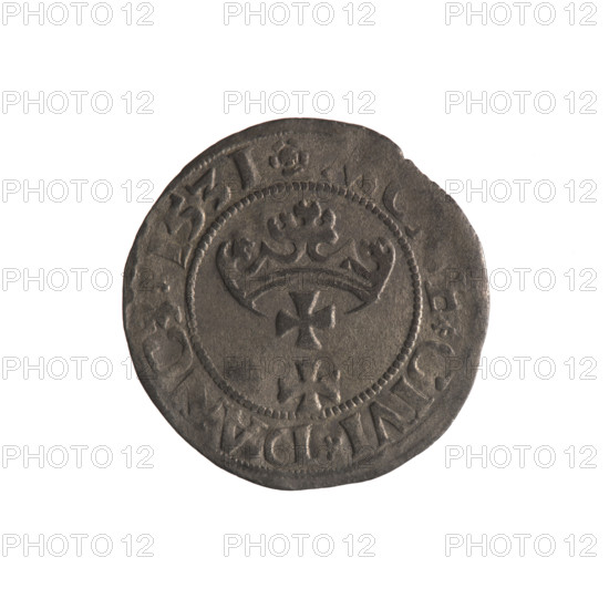 Gdansk szelag, Sigismund I the Old (King of Poland; 1506–1548). Polish coin (1531). Obverse: Eagle of Royal Prussia; in the rim between pearl-shaped borders the inscription IGIS. A. REX. POL. Reverse: Coat of arms of Gdansk; in the rim between pearl-shaped borders the inscription E. CIVI. DANCZ. 1531. Features: eagle (coat of arms), Jagiellons (dynasty), coats of arms of cities; Gdansk (coat of arms).