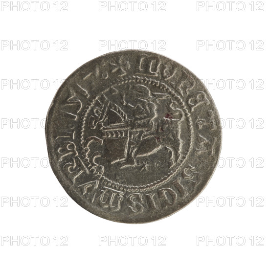 Lithuanian half-grosz, Sigismund I the Old (king of Poland; 1506–1548). R8 (rarity). Polish coin of the Jagiellon dynasty, 1517, Vilnius, Grand Duchy of Lithuania. Obverse: Chaser (coat of arms of Lithuania) turned left; in the rim between pearl borders an inscription: + MONETA, SIGISMVNDI:1517:. Reverse: Polish crowned eagle; in the rim between pearly borders an inscription: + MAGNI:DVCIS:LITVANIE:. Coats of arms and eagles depicted. Coin.
