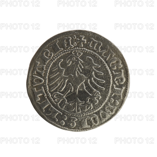 Lithuanian half-grosz, Sigismund I the Old (king of Poland; 1506–1548). R8 (rarity). Polish coin, Jagiellon dynasty. Obverse: Chaser (coat of arms of Lithuania) turned left; in the rim between pearl borders an inscription: + MONETA, SIGISMVNDI:1517:. Reverse: Polish crowned eagle; in the rim between pearl borders an inscription: + MAGNI:DVCIS:LITVANIE:. Dated 1517, struck in Vilnius, Grand Duchy of Lithuania (Poland).