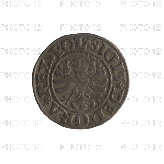 Gdansk szelag, Sigismund I the Old (King of Poland; 1506–1548); Polish coin (1531). Obverse: Eagle of Royal Prussia; in the rim between pearl-shaped borders the inscription: .SIGIS.DEI.GRA.REX.POL. Reverse: Coat of arms of Gdansk; in the rim between pearl-shaped borders the inscription: .MONE.CIVI.DANCZ.1531. Gdansk, Poland.