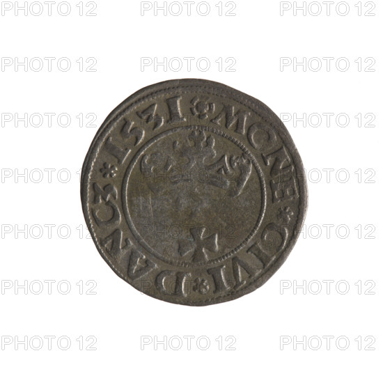 Gdansk szelag, Sigismund I the Old (King of Poland; 1506–1548). Polish coin (1531). Obverse: Eagle of Royal Prussia; in rim between pearl-shaped borders the inscription: .SIGIS.DEI.GRA.REX.POL. Reverse: Coat of arms of Gdansk; in rim between pearl-shaped borders the inscription: .MONE.CIVI.DANCZ.1531. Materials: coin; motifs: eagle, coats of arms; associated dynasty: Jagiellons. Location: Gdansk, Poland.