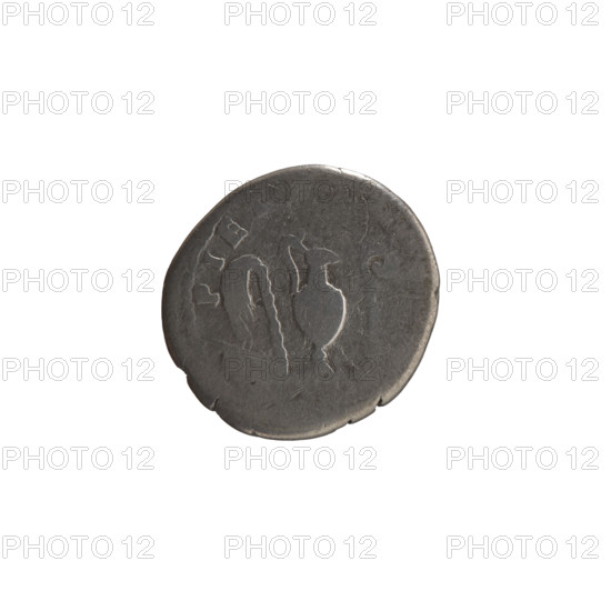 Denarius, Marcus Aurelius (121–180; Roman emperor 161–180), (caesar 139–161); issuer: Antoninus Pius (86–161; Roman emperor 138–161). Obverse: Head of young Marcus Aurelius without a cover to the right, inscription IVS CAE SAR around. Reverse: Sacred utensils from the left: knife (secespita), sprinkler (aspergillum), jug (capis), crosier (lituus) and dipper (simpulum), inscription PIETA around. Ca. 140–144 CE, Roman Empire (Rome). Silver coin, diameter 17.0–18.0 mm, weight 2.35 g, axis 30°.