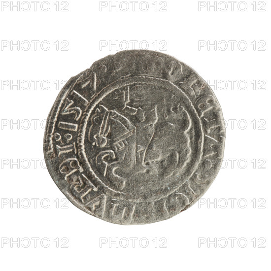 Lithuanian half-grosz, Sigismund I the Old (King of Poland; 1506–1548). Obverse: Pogon (Lithuanian mounted knight) turned left; in the rim between pearly borders an inscription: ONETA·SIGI·MVNDI·1517. Reverse: Polish crowned eagle; in the rim between pearly borders an inscription: +·DVCI·ITVANIE·1517. Polish–Lithuanian coin (Grand Duchy of Lithuania, Vilnius).