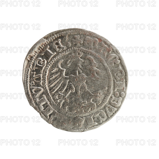 Lithuanian half-grosz, Sigismund I the Old (King of Poland; 1506–1548). Obverse: Pogon (Lithuanian mounted knight) turned left; in rim between pearly borders an inscription: ONETA:SIGI, MVNDI:1517. Reverse: Polish crowned Eagle; in rim between pearly borders an inscription: + :DVCI, ITVANIE:, 1517. Polish coin of the Jagiellon dynasty; Grand Duchy of Lithuania, Vilnius. Materials: coin (metal).